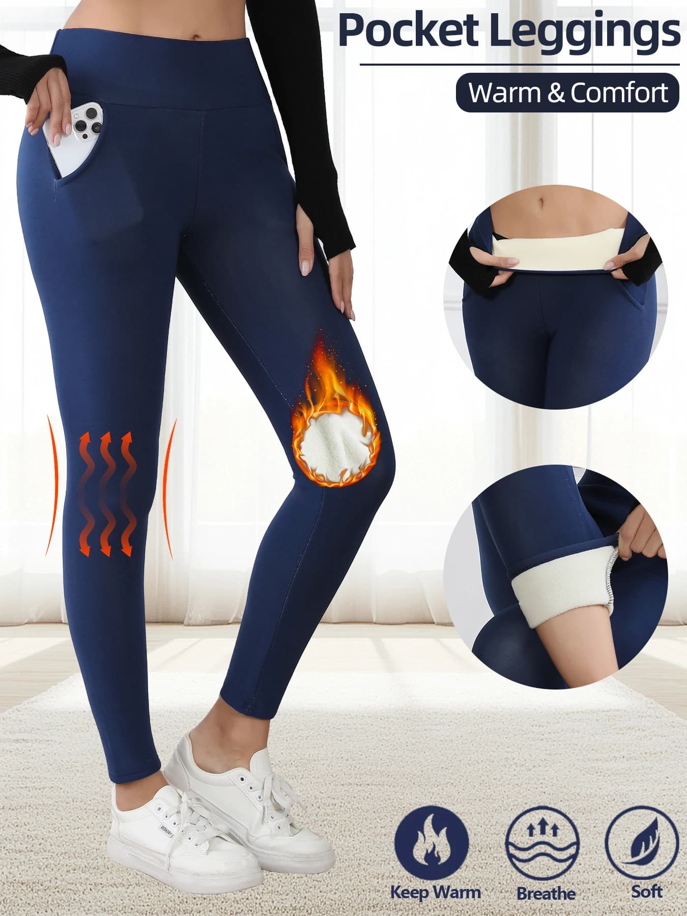 Winter Thermal Fleece Lined High Waisted Leggings With Pockets For Women Tummy Control Thick Warm Tights Workout Running