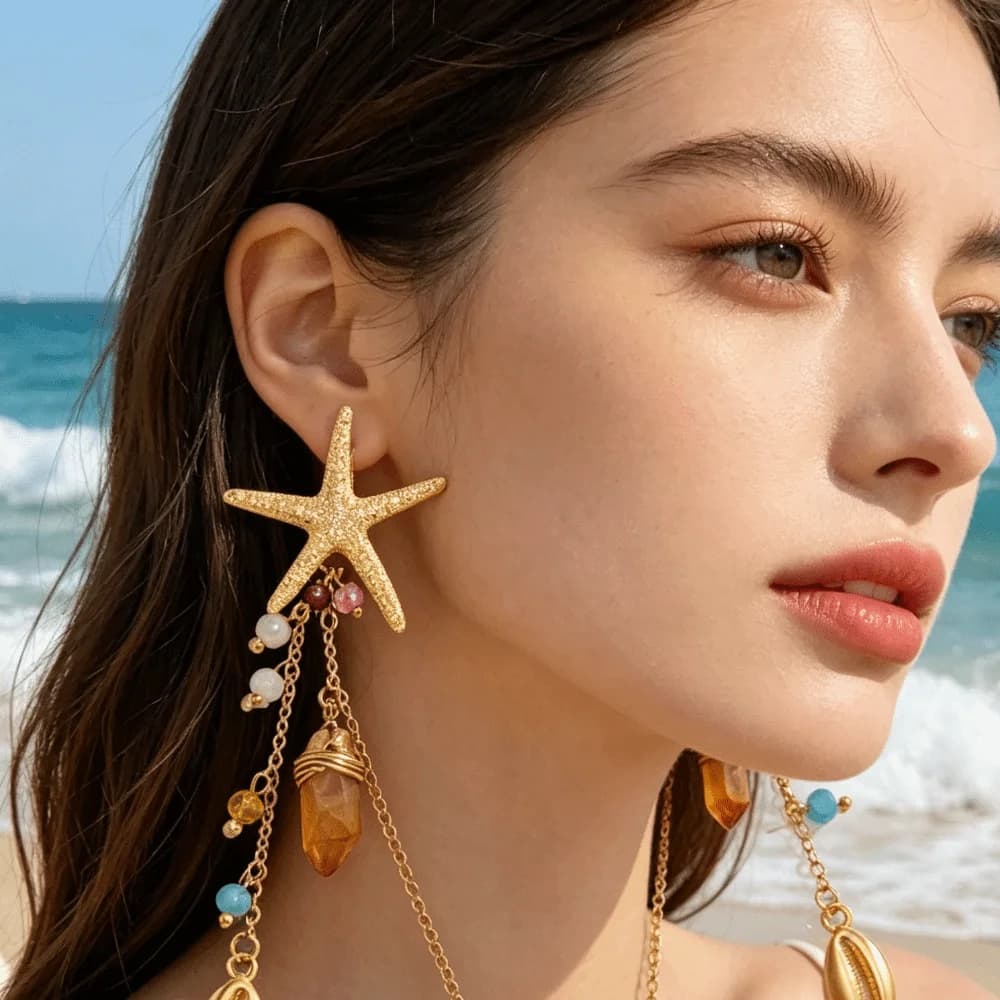 Orecchini a Nappa Lunga con Stella Marina e Conchiglia, Elegante Ciondolo in Cristallo, Gioielli alla Moda, Collana Girocollo con Perle Imitazione, Serie Mare