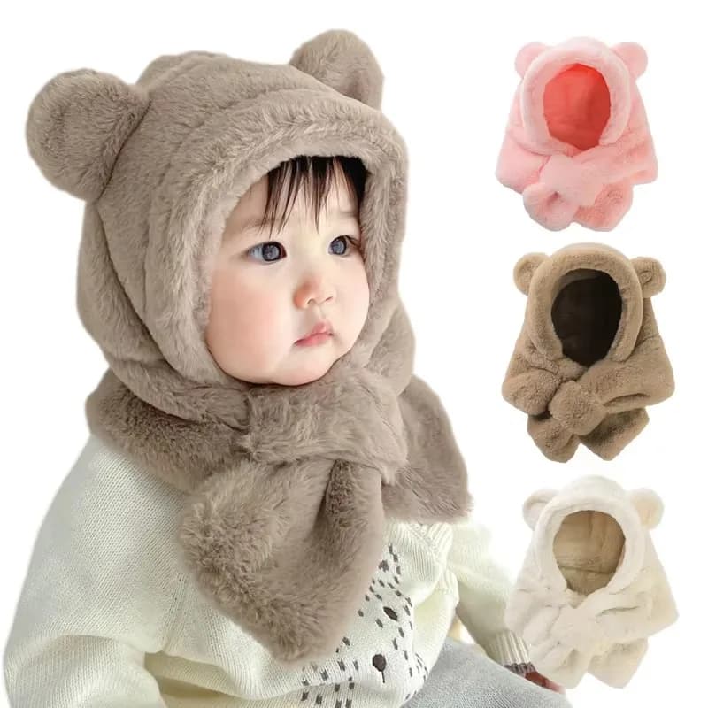 Cappello invernale per bambini Sciarpa di un pezzo in pelliccia sintetica Cappelli per bambini Orso cartone animato Collo caldo Berretto per le orecchie per le ragazze dei ragazzi Berretti antivento Articoli per neonati