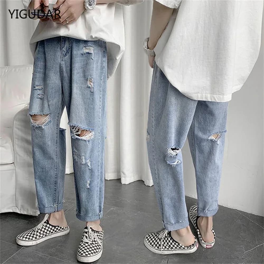 Jeans estivi slim fit per uomo streetwear designer coreano pantaloni jeans slim in denim effetto consumato regolare pantaloni jeans con foro hip-hop
