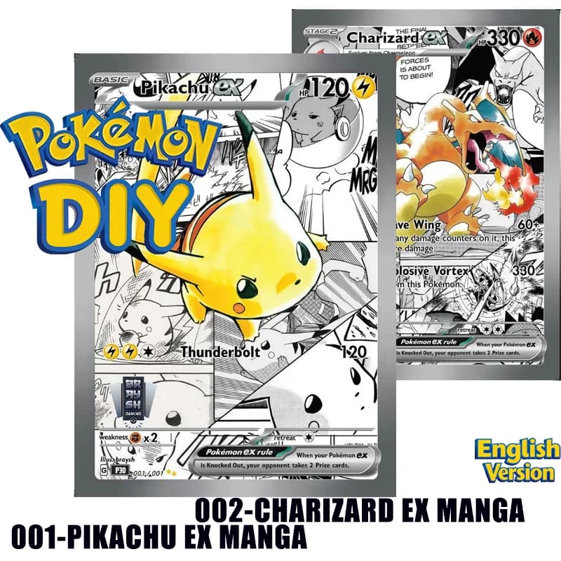 Set di Carte Anime Fai-da-Te Serie Pokemon 001/001 Pikachu Ex e 002/002 Charizard Ex, Collezione Manga Autoprodotta