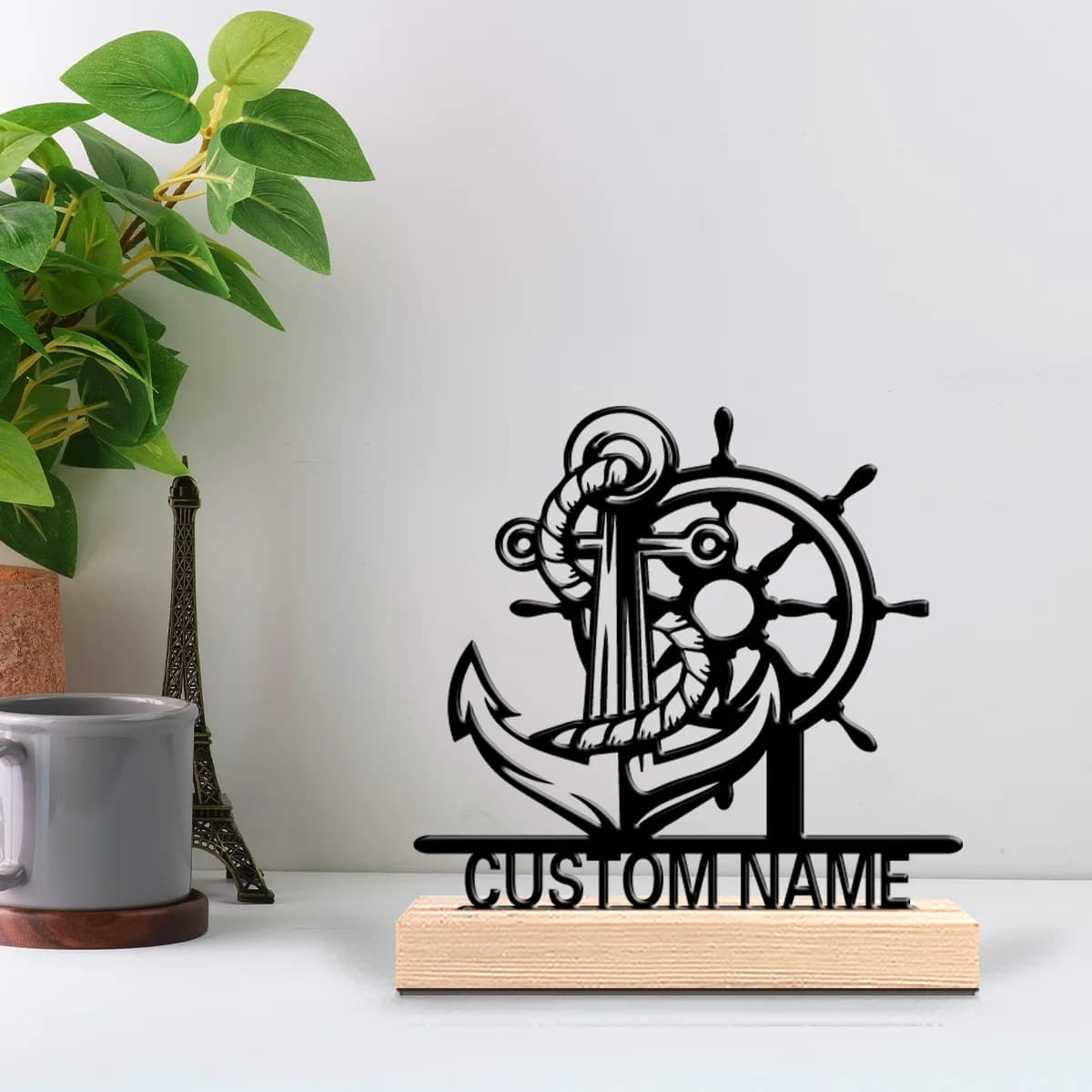 1pc Fashion boat anchor Personalized Text Metal Statue Metal Ornament Art Crafts With Wood Base With Wood Base For Kids Gifts