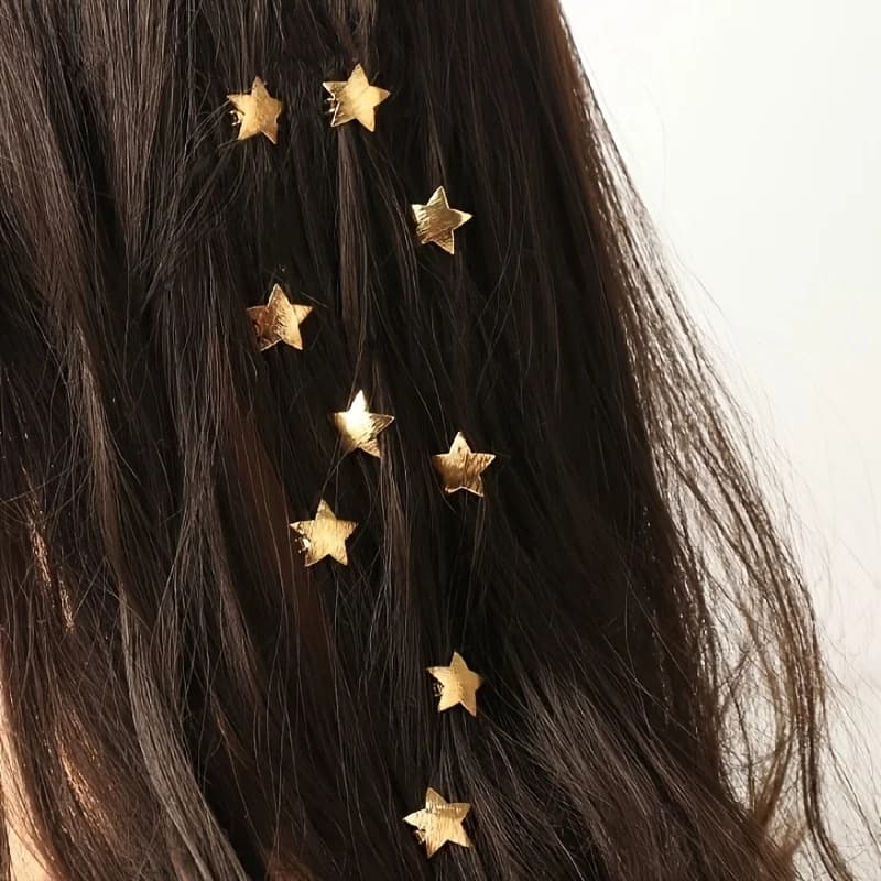 Set di fermagli per capelli intrecciati a forma di stella da 10 pezzi, design con perline in metallo dorato spazzolato, accessori per capelli unici e alla moda