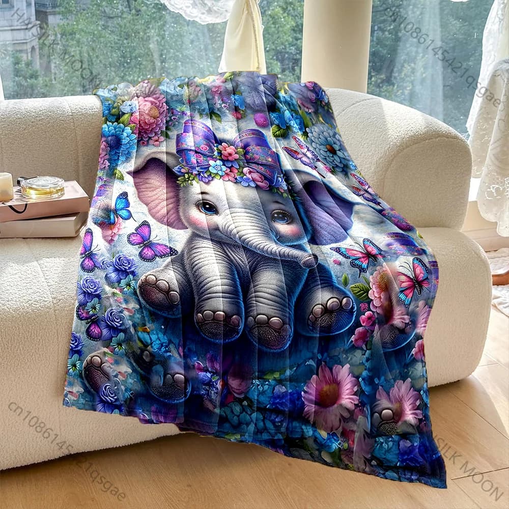 1PC Coperta calda per adulti e bambini con stampa di elefantini tra fiori e farfalle, morbida e confortevole, ideale per casa, viaggi e auto, regalo di lusso