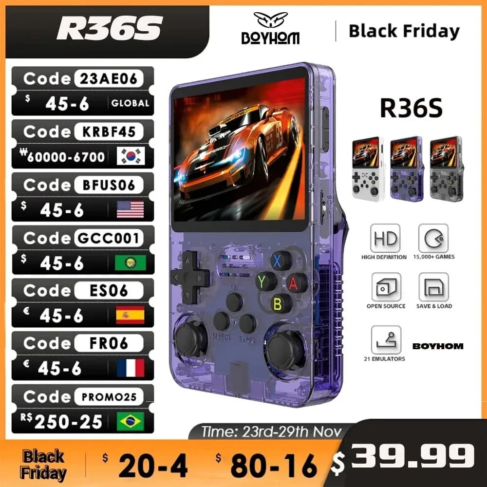 Console per videogiochi portatile retrò R36S Sistema Linux Schermo IPS da 3,5 pollici R35s Pro Lettore video tascabile portatile Giochi da 64 GB