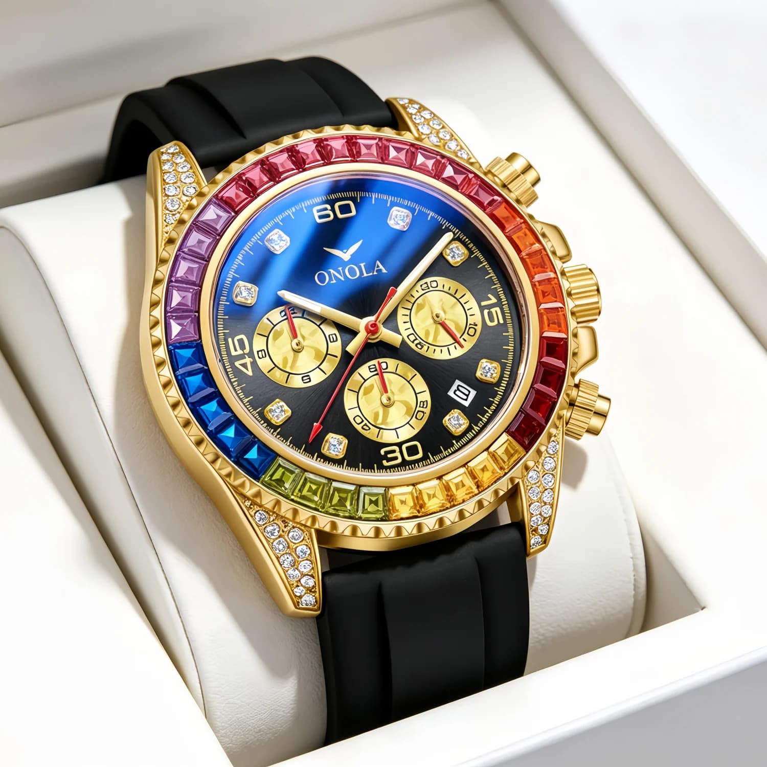 ONOLA Rainbow Bracelet Chronograph Rose Gold Case Black Silicone Strap Multi functional Ice Flower Water Diamond Quartz Watch