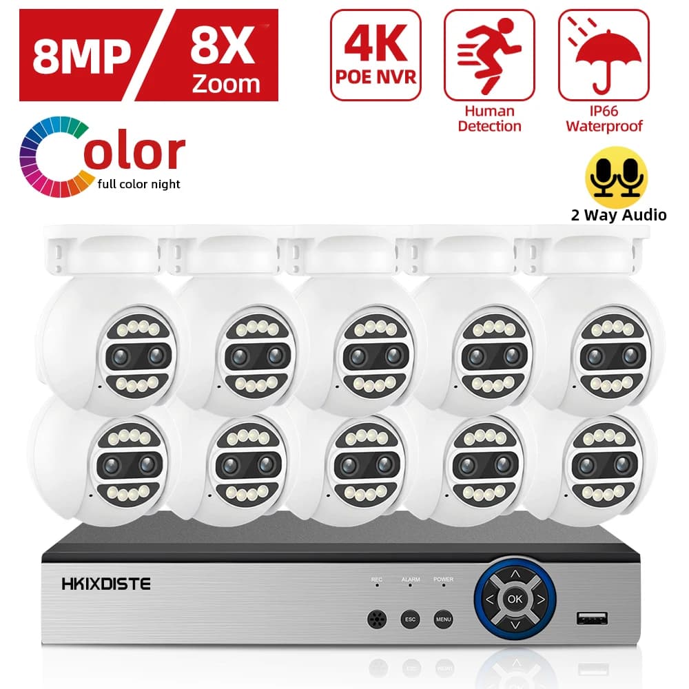 4K Dual Lens POT PTZ Camera Security Sysetm Kit 8X Zoom 2 Way Audio CCTV IP Cmaera Video Surveillance Kit XMEYE 8CH POE NVR Set