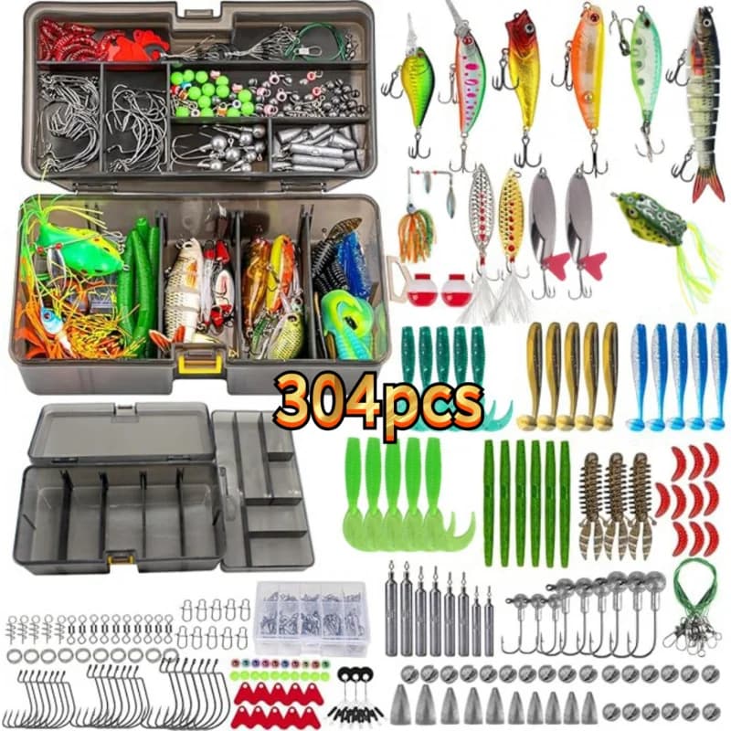 Kit Completo di Esche da Pesca 153/304 Pezzi, Esche Dure e Morbide, Ami, Scatola Attrezzatura per Bass, Luccio, Persico