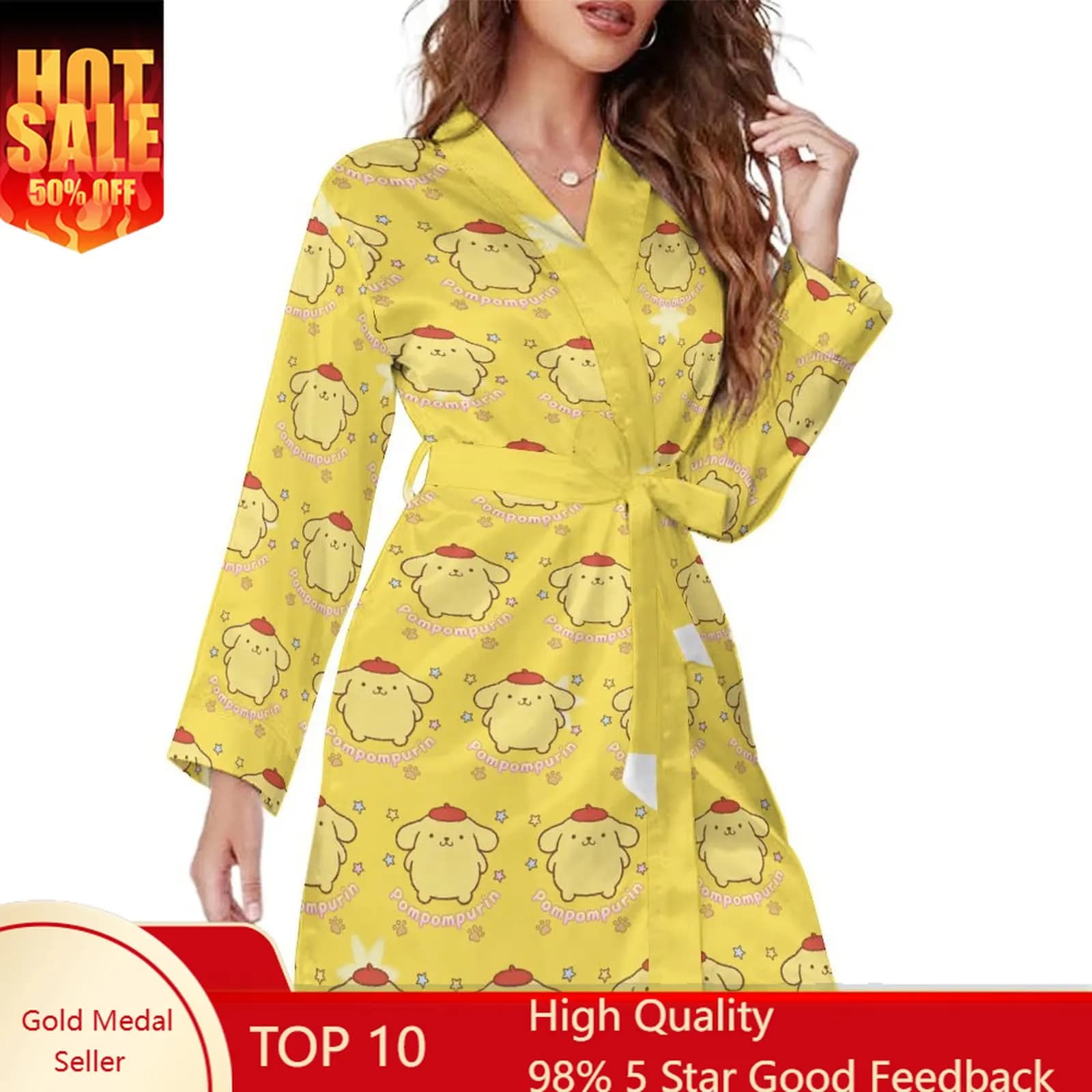 Pompompurin Bathrobe Woman Sanrio Cartoon Long Sleeved Robe Breathable Dressing Gown Fashion Housecoat Sleepwear Home Clothing