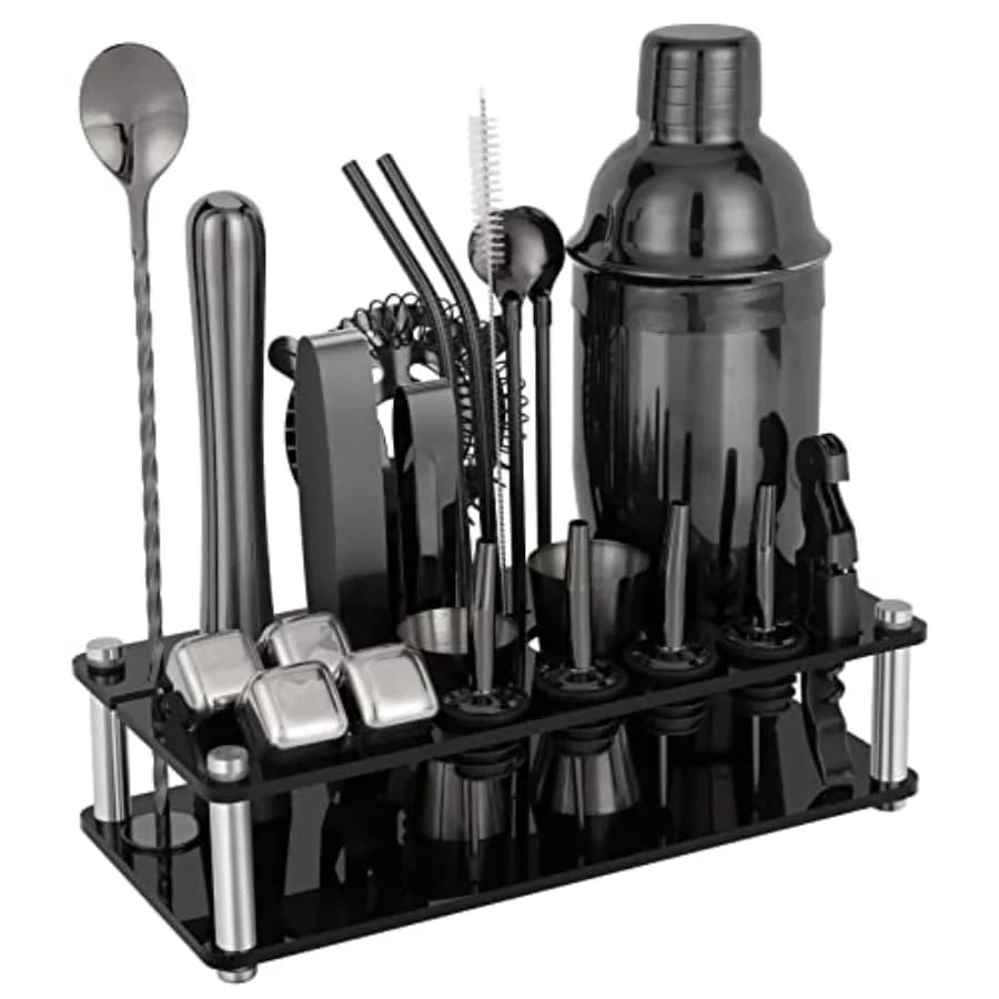 Set da 23 Pezzi per Cocktail con Supporto in Acrilico e Libretto di Ricette, Kit Professionale per Barman