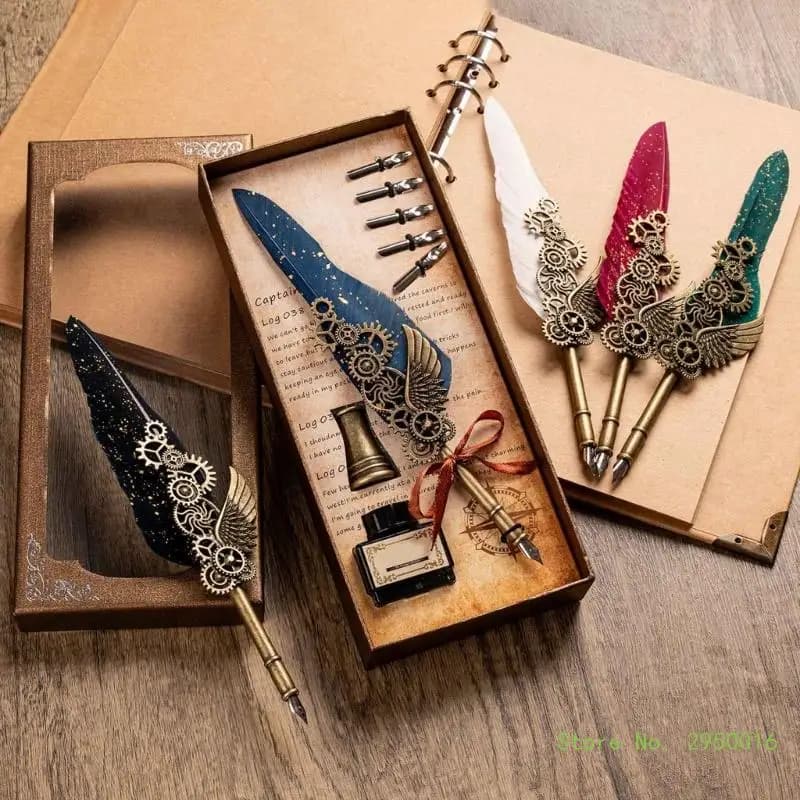Feather Calligraphys Writing Pen Quill Feather Pen and Inks Set Calligraphys Pen Ancient Quill Dip Pen with 5 Nibs Gift