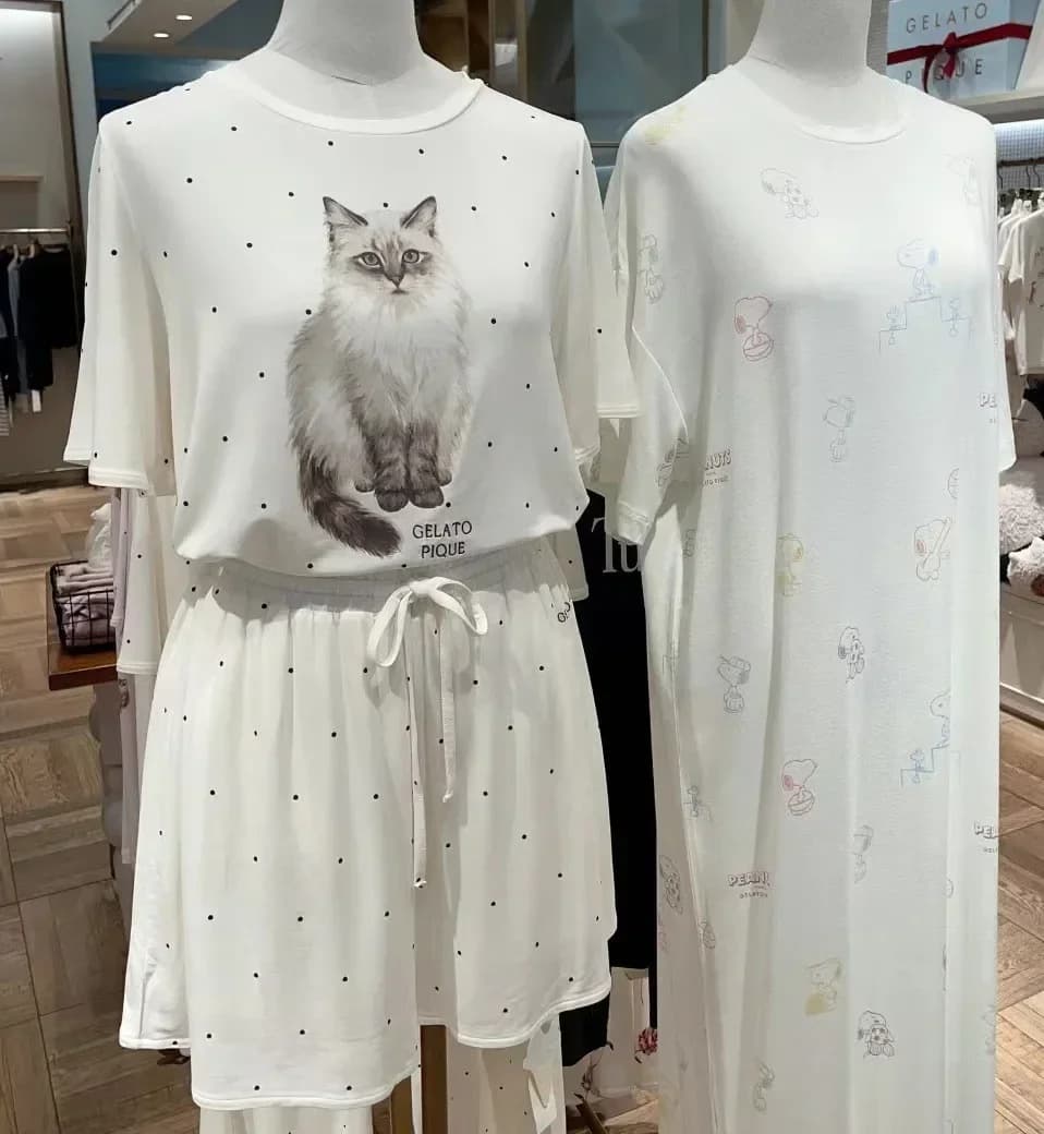 Summer Autumn New Ice Cream Cute Cartoon Cat Polka Dot Pajamas Women's Modal Cotton Short-sleeve Top Trousers Pajamas Sleepwear