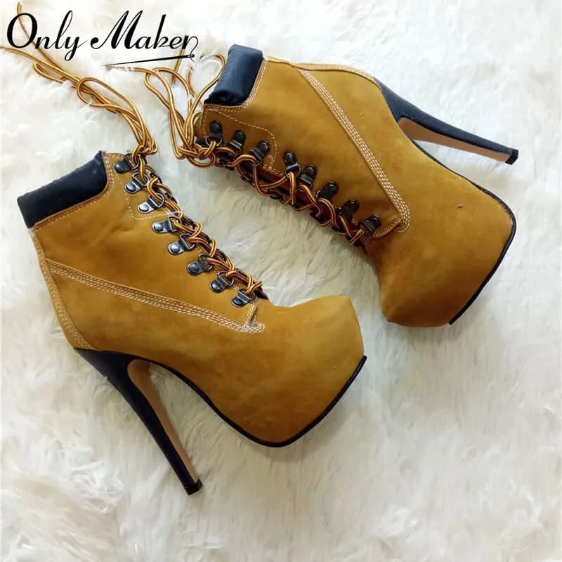 Onlymaker Women Lace-Up Ankle Boots Shoes 16cm High Thin Heel 4cm Platform Fashion Heels Boots Plus Size 35-46