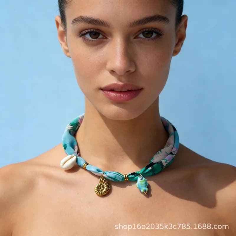 European and American sweet silk scarf necklace stainless steel conch pendant shell small fish pendant collarbone chain holiday style accessories