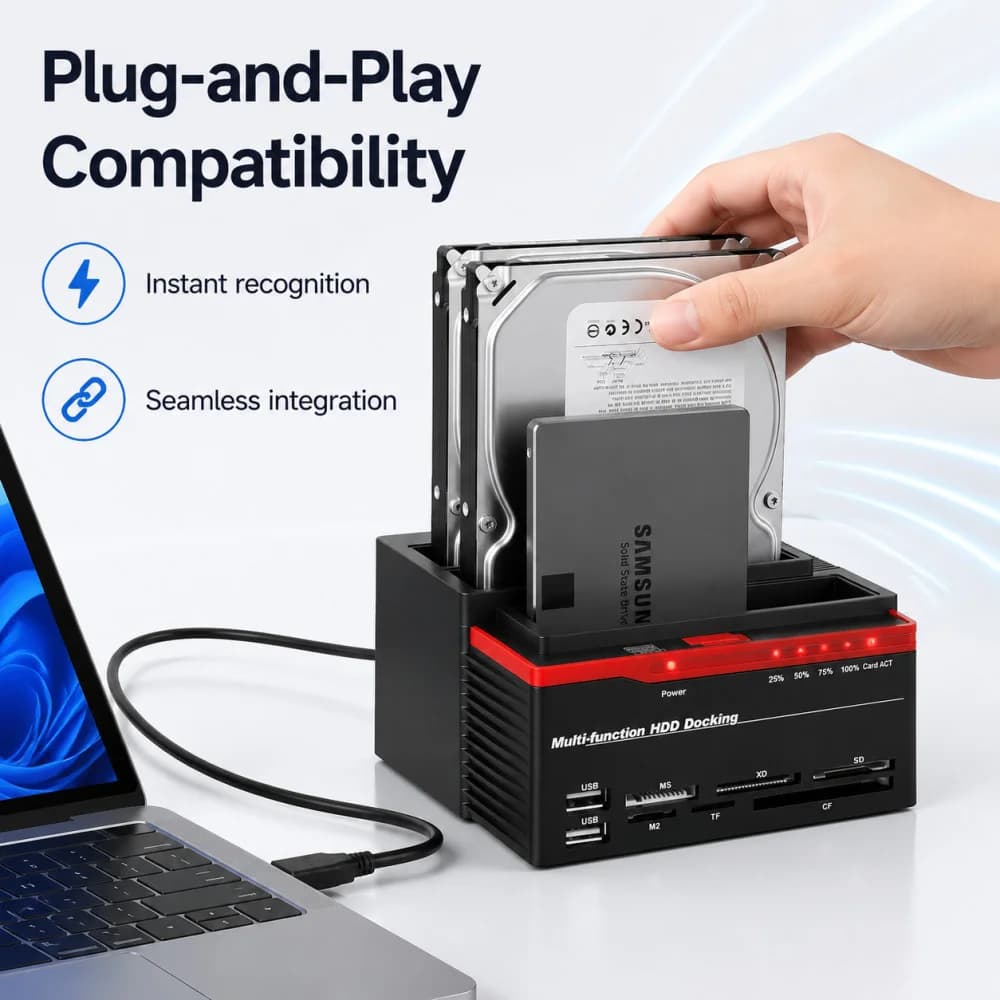 USB 3.0External HDD Docking Station 2.5' 3.5' SATA IDE Port Hard Drive Disk Card Reader USB3.0 Hub OTB/OTC Support Data Transfer