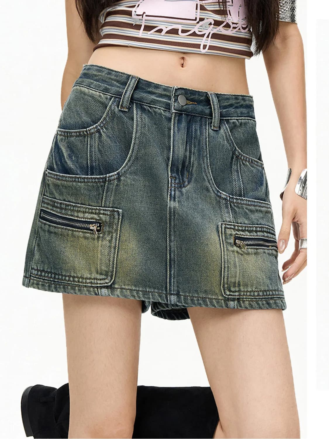 Women Cargo Pocket Fake Two Piece Denim Jeans High Waist A-Line Shorts Skirt Vintage Wash Multi Pocket Casual Summer Bottoms