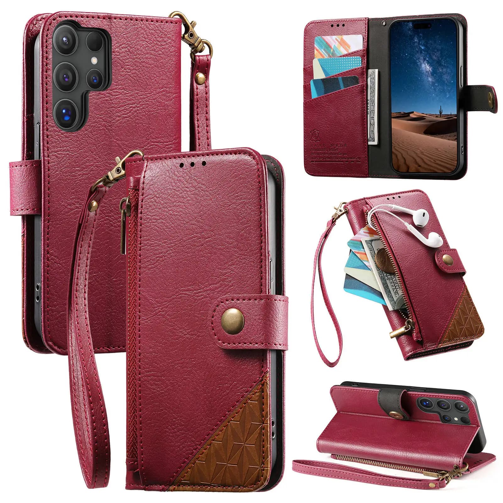 Custodia a Portafoglio in Pelle con Blocco Colore e Scomparti Magnetici per Carte, con Cinghia, per Samsung S26 Ultra S25 Edge Plus S24 FE A56