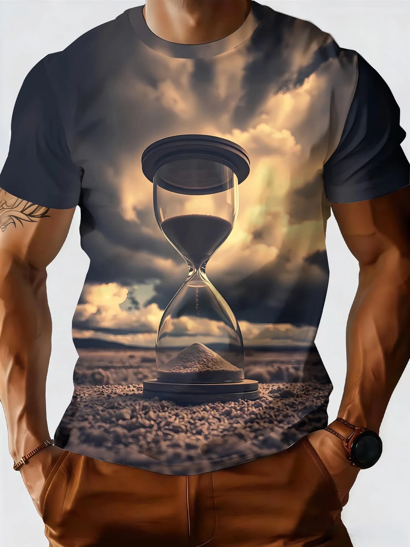 T-shirt da uomo estiva nuova con stampa 3D a forma di clessidra, girocollo, a mezza manica, traspirante, alla moda, squisita, personalizzata, abbigliamento maschile