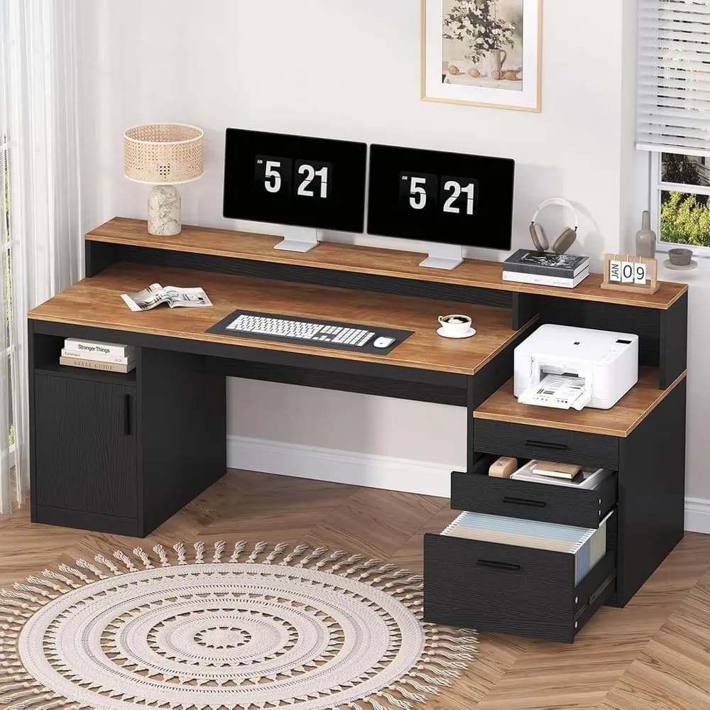 65 Desk with 3 Drawers, Storage Shelves, Monitor Stand, Printer Shelf, Executive Style in Brown & Black