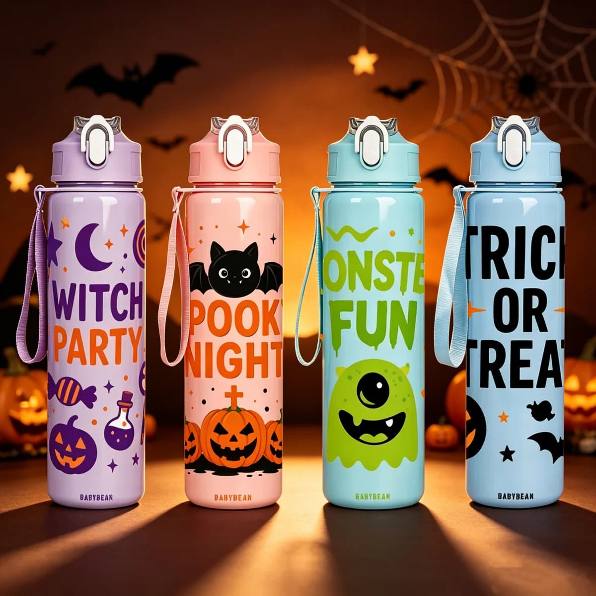 Halloween Graphic Plastic Water Bottle, Leakproof Flip Lock Lid with Strap, Large Capacity Cup for Kids Teen School Outdoor Use