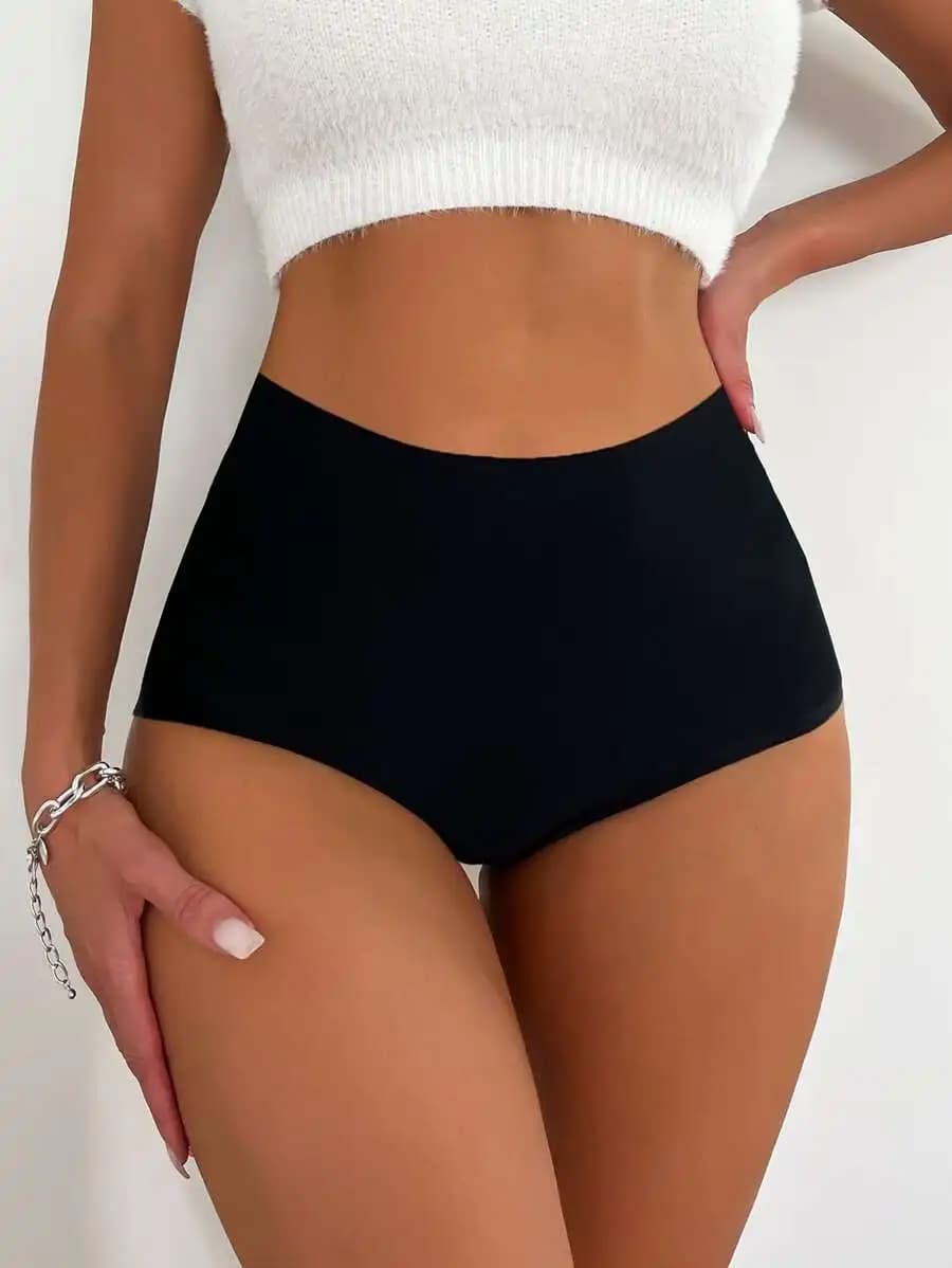 Womens High Waisted Solid Black Briefs Comfortable Stretch Underwear