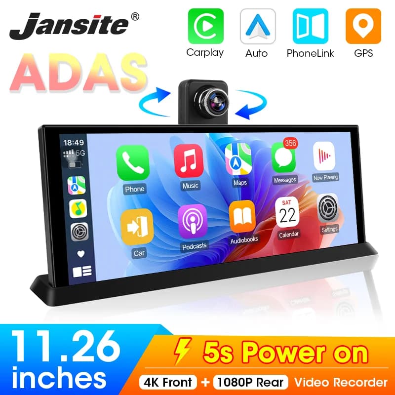 Jansite Dash Cam 11.26 inch 4K ADAS DVR Wireless CarPlay and Android Auto Driving Registration 24 hour parking monitor Black box 5G WIFI FM