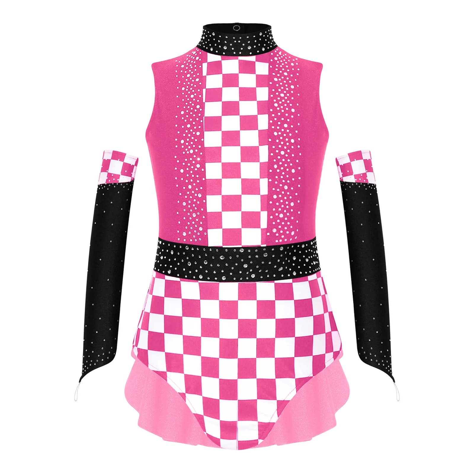 Body da Pattinaggio Artistico per Ragazze con Strass, Fantasia Scozzese, Senza Maniche, con Cut-out Posteriore e Balze, Scintillante ed Elastico per Competizioni e Spettacoli