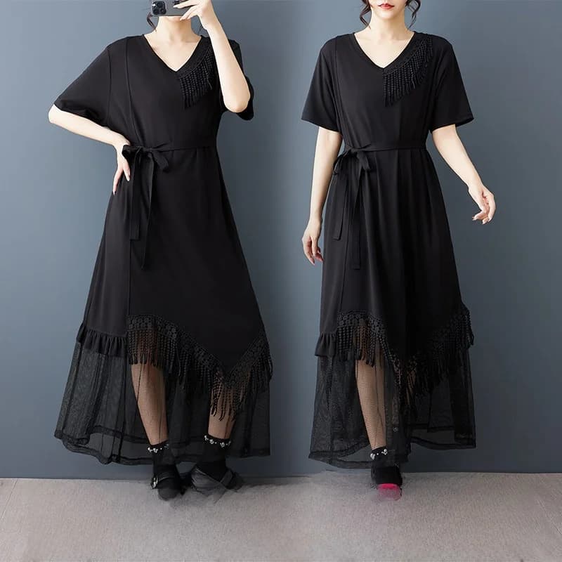 Summer New plus Size Loose Midi Dress Dark Style Design Tassel Mesh Splicing Fashion Women's Dress A-Line Cotton Short Sleeve...