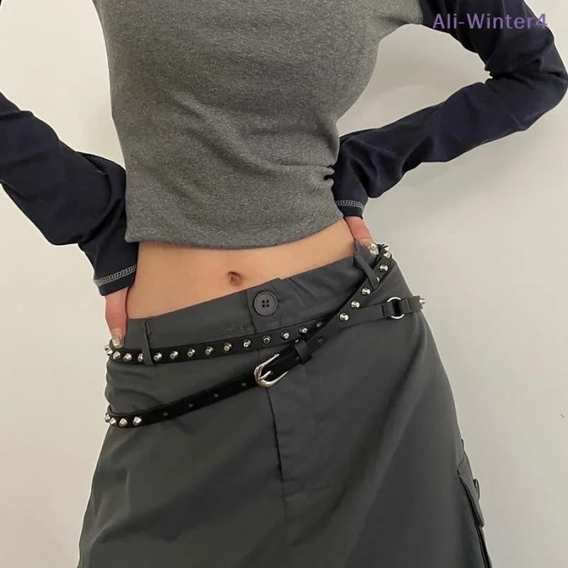【Winter4】Cintura in stile punk cowboy a doppio cerchio con borchie, cintura sottile extra lunga, versatile e casual con rivetti