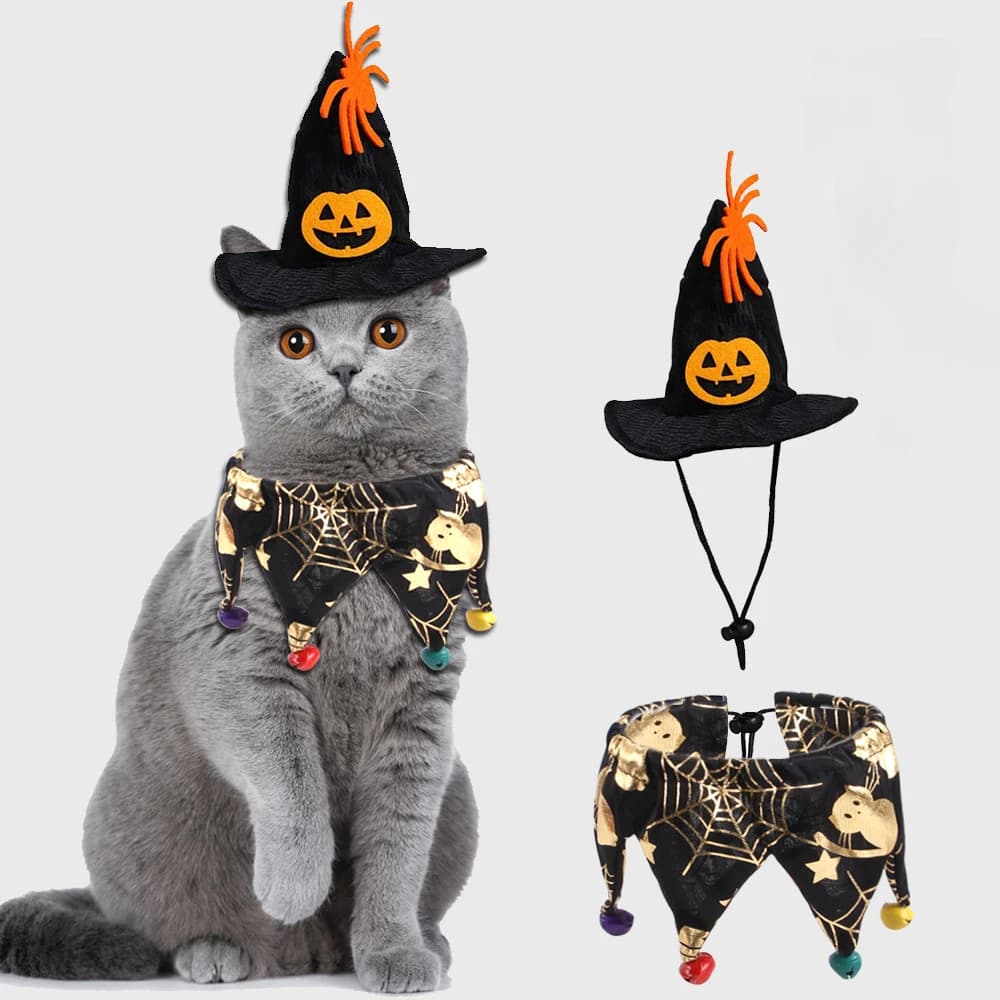 1Pc Halloween Pet Hat Scarf Cat Dog Witch Hat Collar Skull Spider Pumpkin Print Spooky Cosplay Costume Adjustable Bell Accessory