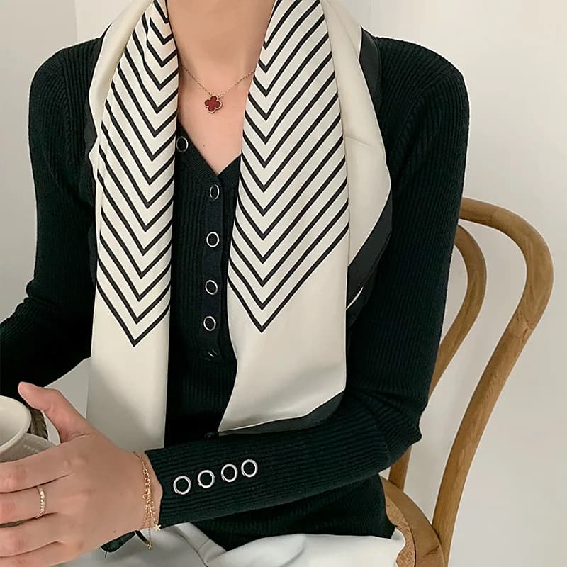 2026 spring and autumn new ins classic black and white striped silk scarf simple and light imitation silk scarf small scarf