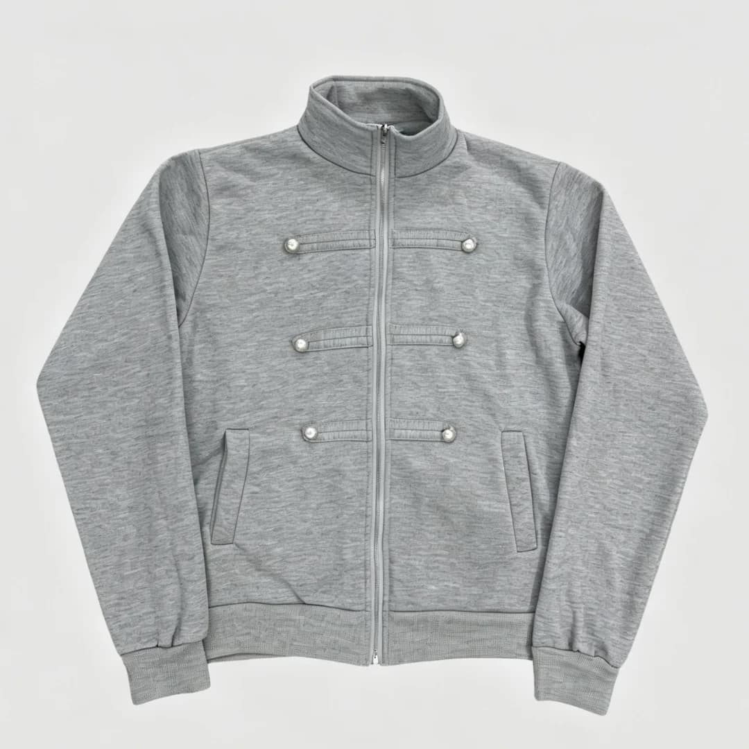 Vintage College Style Pearl Button Jacket Women's Light Grey Military-Inspired Loose Fit Casual Sweatshirt