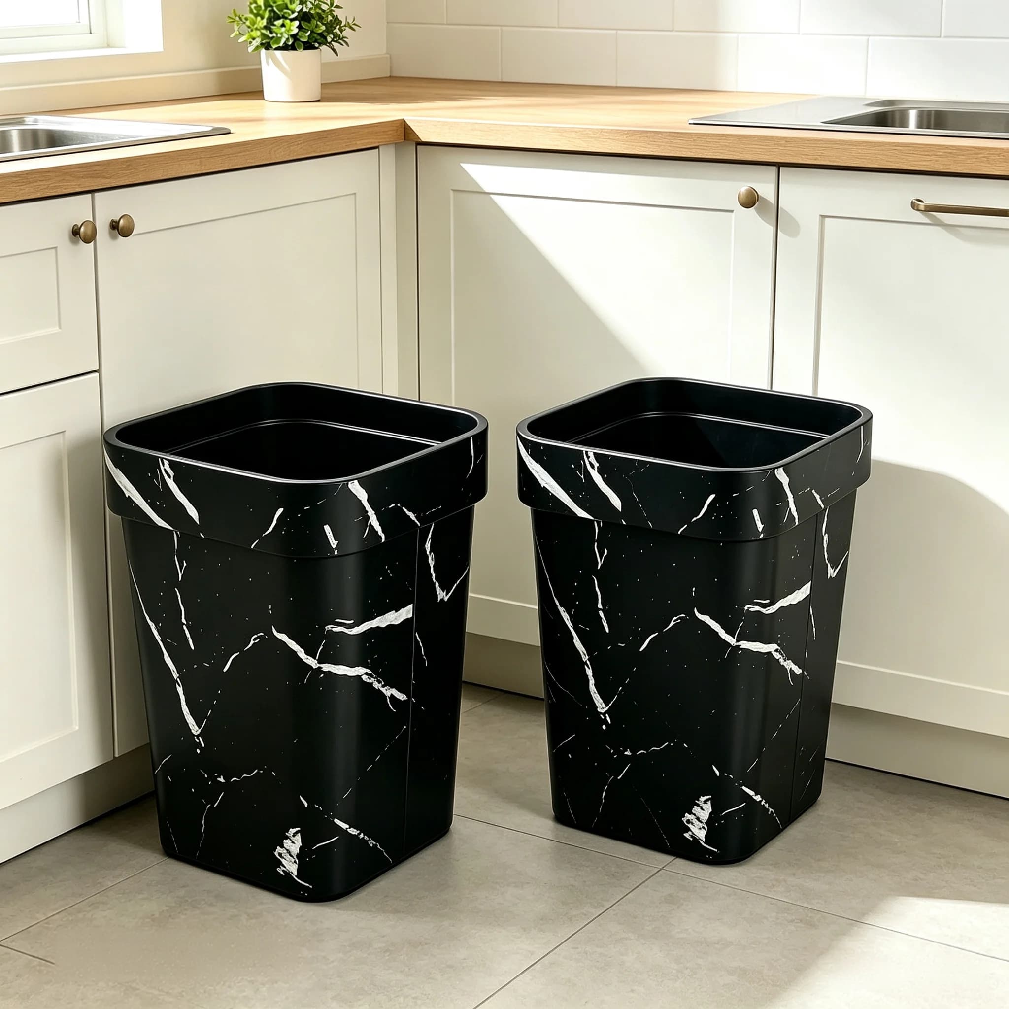 Luxury Black Marble‑Print Square Garbage Bin 2‑Pack, 16L Lightweight Plastic Open‑Top Trash Can, Decorative Waste Basket for Apartment, Dorm, Bathroom Counter