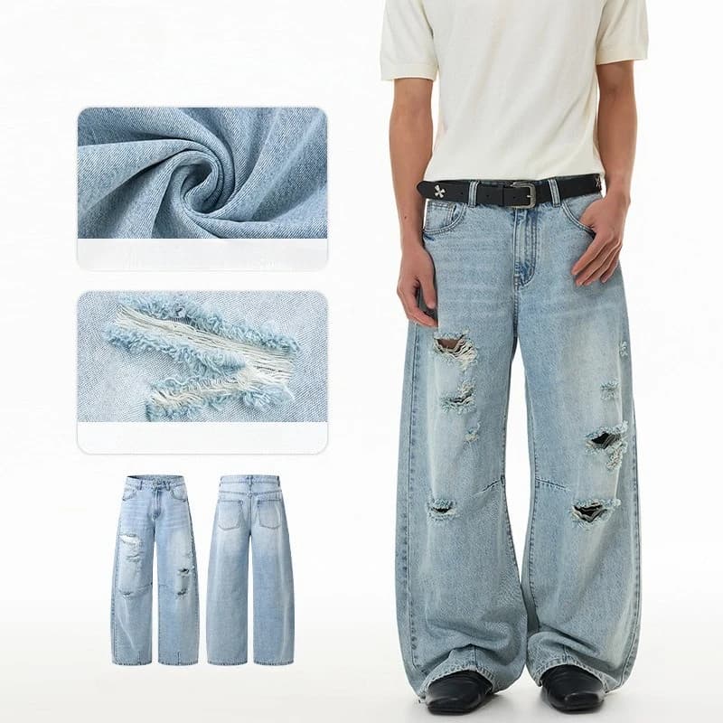 2026 Summer Washed Light Blue Ripped Jeans Men's and Women's Trend Pendant Curved Straight Trousers