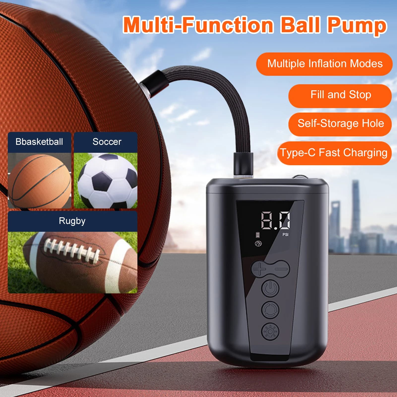 Pompa elettrica per palla da basket con display LCD Gonfiatore per palla con ago per palla per pallavolo, calcio e altre palloni sportivi