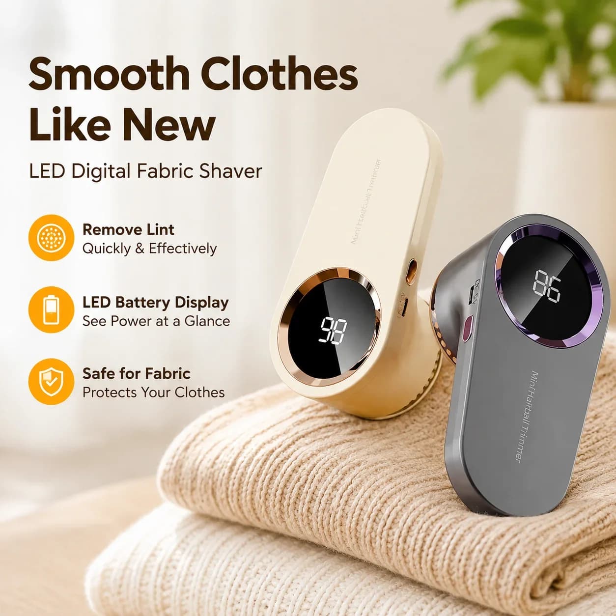LED Digital Fabric Shaver, USB Rechargeable Lint Remover for Clothes, Battery Display, Safe Sweater Defuzzer
