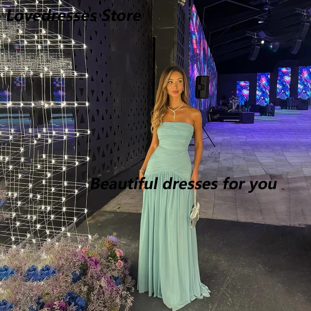 Mint Green Evening Dresses Customized Strapless Ruched Chiffon A Line Floor Length Formal Wedding Guest Party Gown for Women