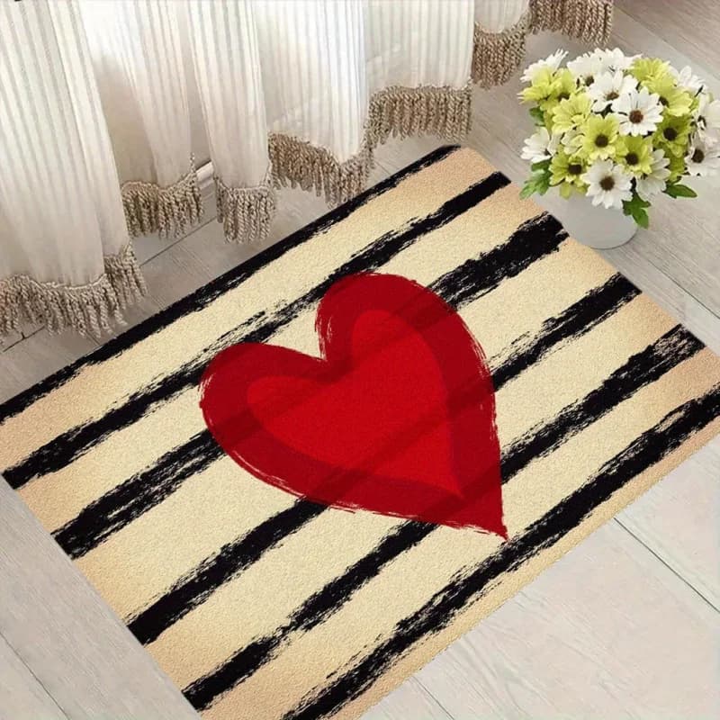 VIKAMA Tappeto da pavimento a righe bianche e nere con simpatico cuore rosso, tappetino moderno per lavanderia, tappeto antiscivolo per ingresso esterno, decorazione per la casa