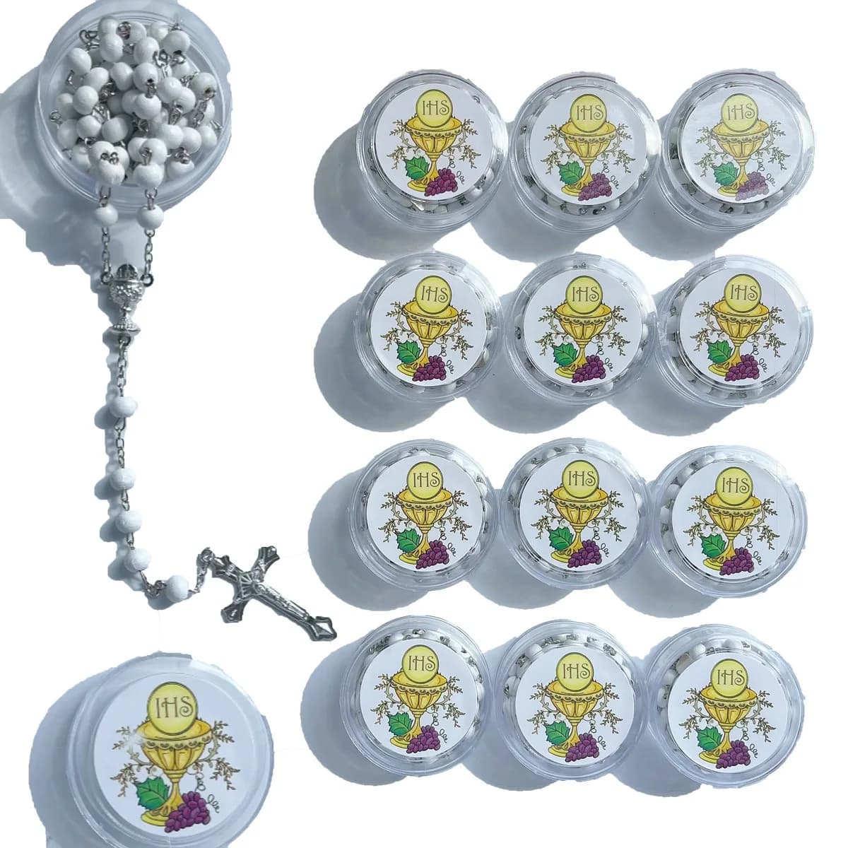 Set da 12 pezzi di collana con rosario in legno con scatola esagonale, battesimo croce Holy Grail IHS, regali religiosi per uomini e donne