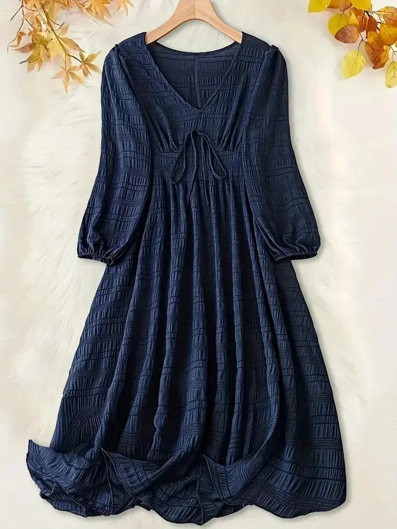 1XL-5XL Women's strong size dress with textured lantern sleeves and Midi dress with v neckline on the front for Comfort and style
