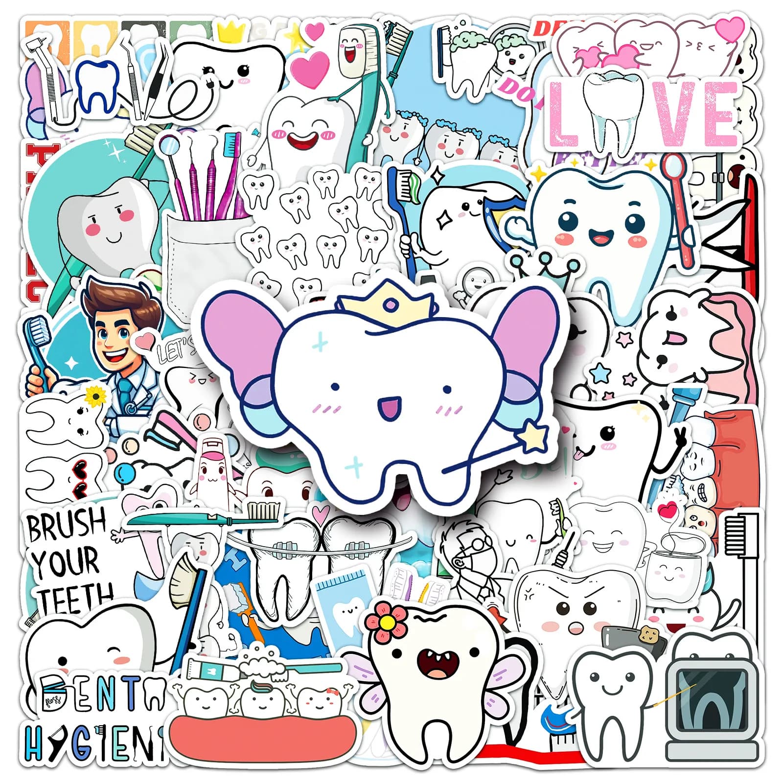50-100 Pezzi Adesivi Graffiti per la Cura dei Denti, Cartoni Animati Carini Impermeabili per Valigie, Borracce, Quaderni, Decorazioni a Tema Dentale