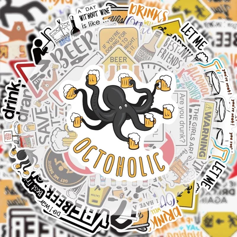 50 divertenti adesivi con graffiti di birra, decalcomanie adesivi vibranti, stili multipli senza duplicazione, adatti per bottiglie d'acqua, laptop, valigie, skateboard, chitarre, decorazioni per feste
