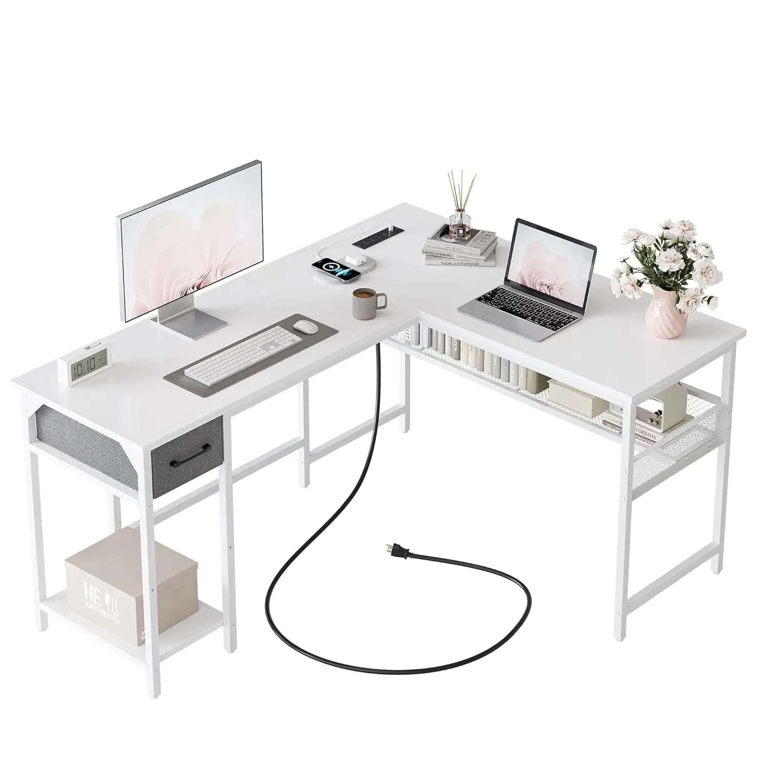 Scrivania da gioco a forma di L da 58'' con prese di corrente, porte USB, ripiani portaoggetti e cassetto - Scrivania angolare reversibile, personalizzabile