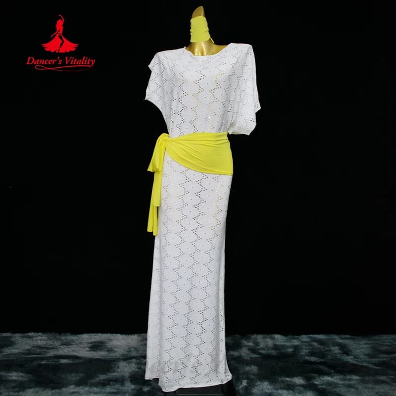Costume da danza del ventre da donna, ampio ed elegante, veste + foulard + sciarpa sui fianchi, 3 pezzi, comodo abbigliamento da pratica in puro cotone per adulti