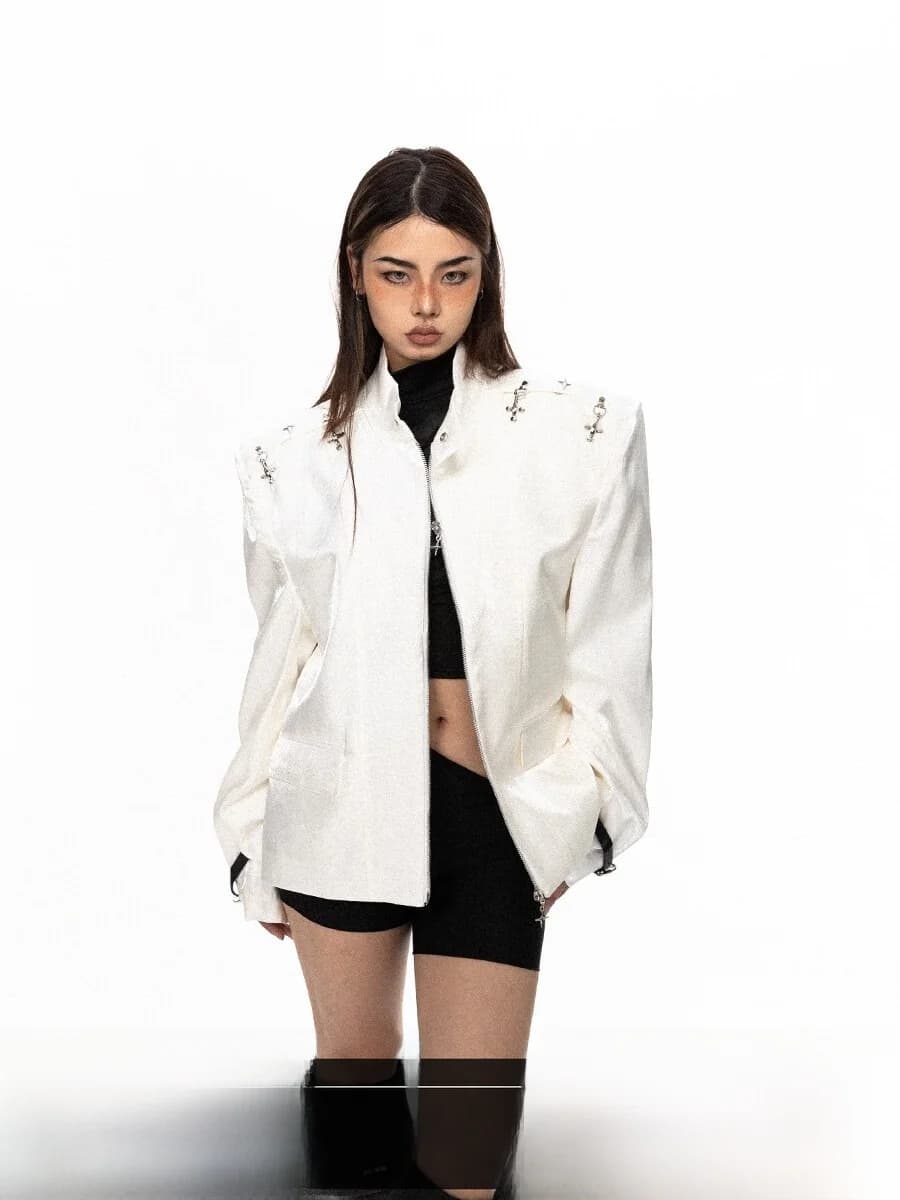 Blackbb Street Style Loose Fit Metal Lock Wide Shoulder Zip Sleeve Belted Jacket Autumn Winter Top Pure Color Long Sleeve Coat