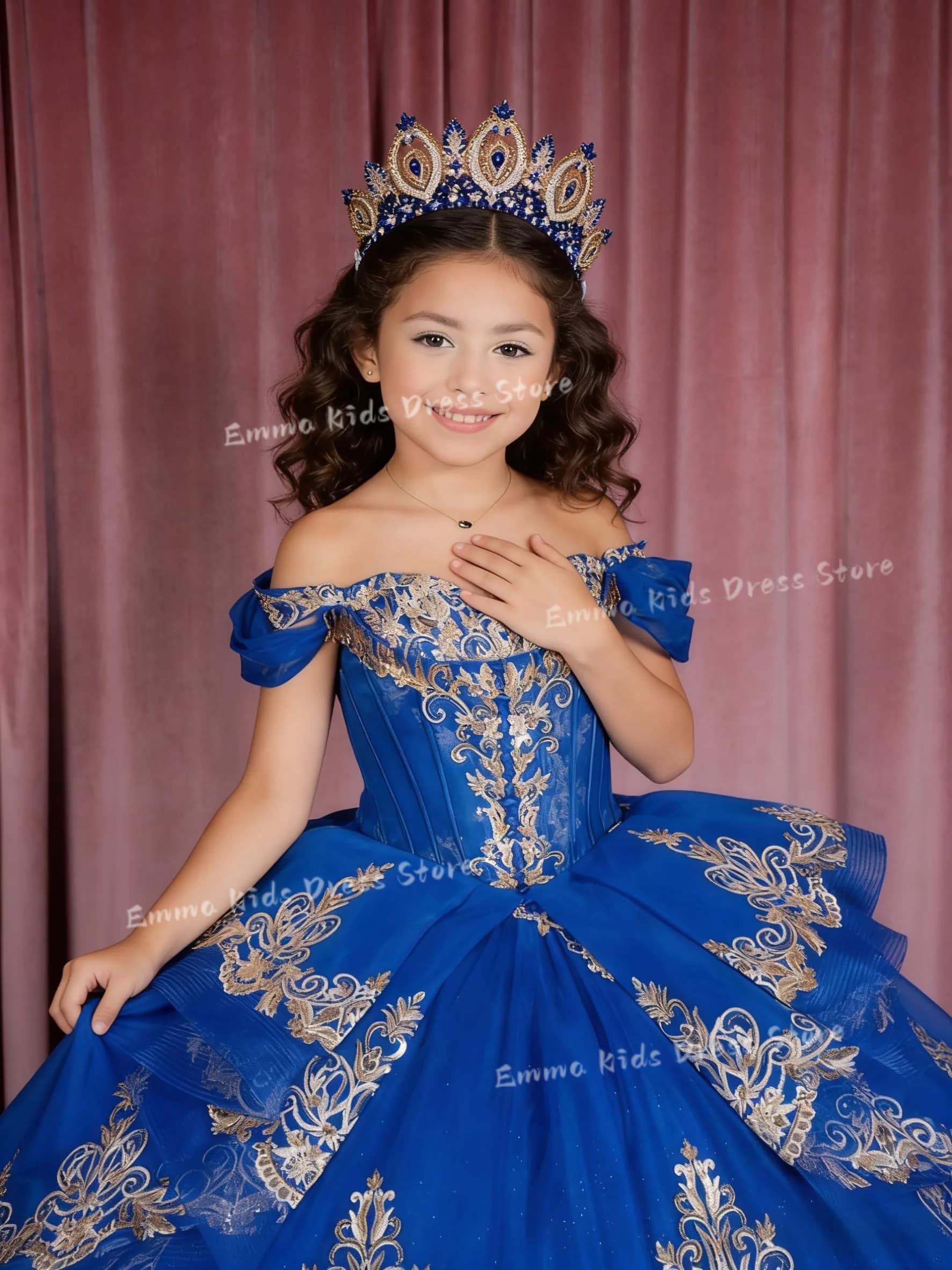 Abito da bambina personalizzato con applicazioni in oro e nappe, per concorsi di bellezza, con maniche a sbuffo, brillante, per ballo di fine anno, comunione, festa di compleanno