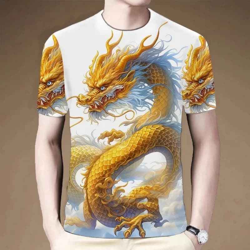 T-shirt con drago dorato stampato in 3D per uomo, maglietta con motivo cinese Loong, casual, a girocollo, a maniche corte, per bambini.