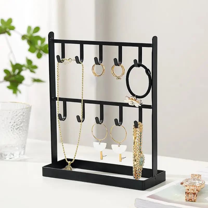 [HS].Metal Jewelry Display Stand 2 Tier Earring Necklace Holder Organizer Rack With Hooks And Tray