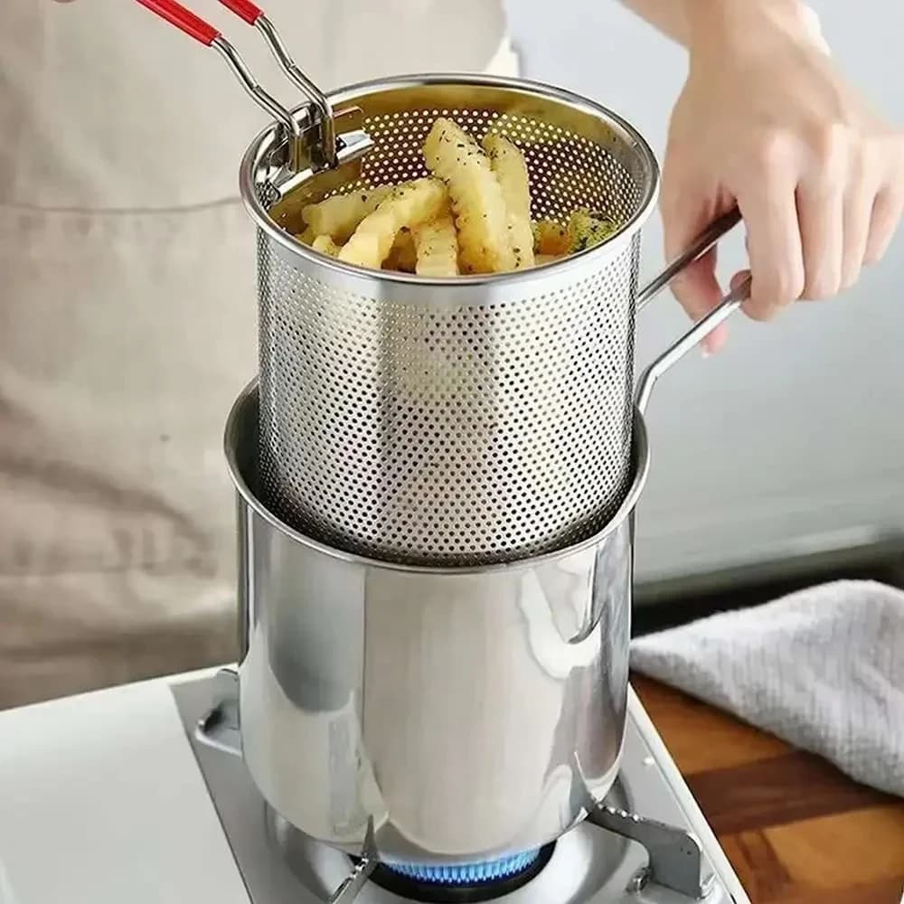 Stainless Steel Fryer with Basket for Domestic and Commercial Use, for Tempura and Chicken Fried, Non-slip Base, Ergonomic Handle