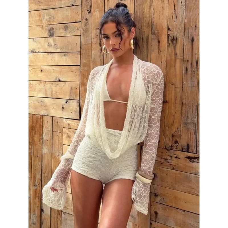 Lace Two Piece Set Women See Through Long Sleeve T-shirt And Shorts Matching Sets Female Elegant
